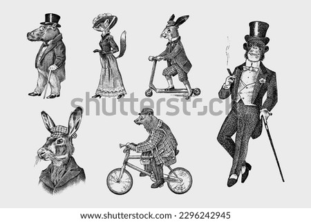 Fashion Dog. Animal characters. Brown bear rides a bike. Fox and monkey, hippopotamus and Hare or rabbit on a scooter. Antique gentleman in a cap and coat. Victorian man. Hand drawn old sketch.