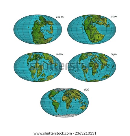 Plate tectonics on the planet Earth. Pangaea. Continental drift. Supercontinent at 250 Ma. Era of the dinosaurs. Jurassic period. Mesozoic. Hand drawn sketch for typography. Vintage engraving style.