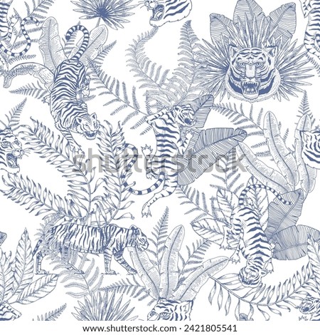 Japanese tigers with tropical leaves. Toile de jouy jungle. Wild animal with green plants. Banner or poster for advertising or web.