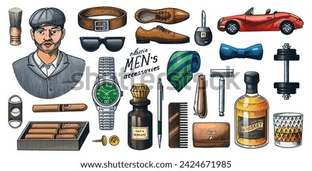 Gentleman accessories set. Hipster or businessman, victorian era, car. Engraved hand drawn vintage. Brogues, briefcase, shirt and cigar. Cylinder hat, smoking pipe.