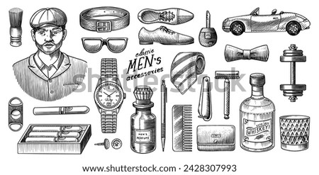 A Man Surrounded By Men 's Accessories. Gentleman, hipster or businessman, victorian era. watches and cigars, whiskey and clothes, razor and perfume, boots and glasses. Engraved hand drawn vintage. 