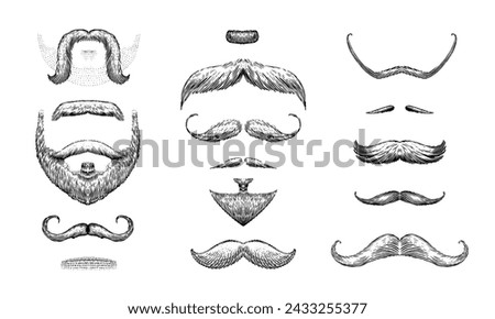 A set of moustache and beards on a white background. Hipster and retro barber or hairdresser. Engraved hand drawn in old sketch, vintage style for packaging and signage.