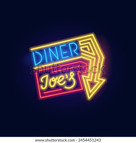 Fashion Diner and an arrow neon sign. Night bright signboard, Glowing light. Summer logo, emblem for Club or bar concept