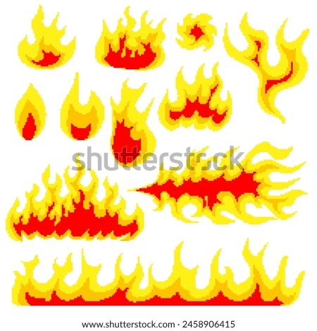 Nuclear explosion. Pixel art 8 bit fire objects. Mushroom cloud. Game icons set. Comic large boom flame effects. Bang burst explode dynamite. Lit match and bonfire. Digital icons. Vector illustration.