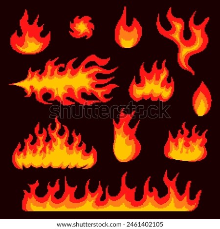 Nuclear explosion. Pixel art 8 bit fire objects. Mushroom cloud. Game icons set. Comic large boom flame effects. Bang burst explode dynamite. Lit match and bonfire. Digital icons. Vector illustration.