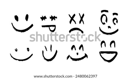  Simple Faces. Vector Happy Doodle Smile, cartoon emoticons set on White Background. Joyful and cheerful mood