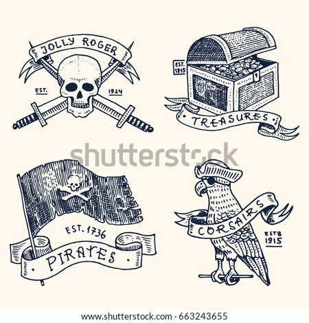 set of engraved, hand drawn, old, labels or badges for corsairs, skull at anchor, treasures, flag , Caribbean parrot. Jolly roger. Pirates marine and nautical or sea, ocean emblem.