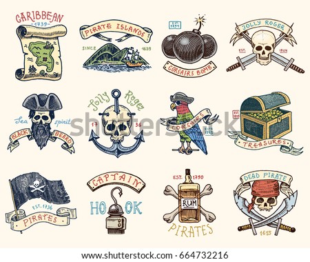 set of engraved, hand drawn, old, labels or badges for corsairs, skull at anchor, map to treasure, black beard, Caribbean island. Jolly roger. Pirates marine and nautical or sea, ocean emblem.