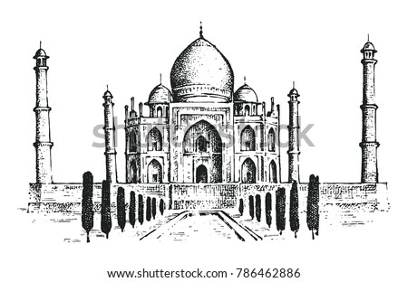 Taj Mahal an ancient Palace in India. landmark or architecture, hindu Temple. Traditional mausoleum-mosque. engraved hand drawn in old sketch, vintage style. Agra on the bank of the river Yamuna.