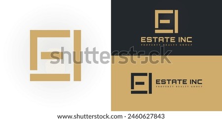 Abstract initial square letter EI or IE logo in luxury gold color isolated on multiple background colors. The logo is suitable for property realty group company logo design inspiration templates.