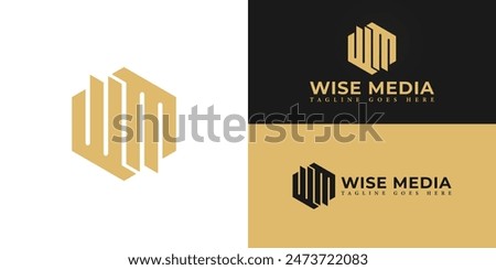 Abstract initial hexagon letters WM or MW logo in luxury gold color isolated on multiple background colors. The logo is suitable for media agency logo design illustration inspiration templates.