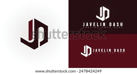 Abstract initial hexagon letters JD or DJ logo in deep red color isolated on multiple background colors. The logo is suitable for sports brand logo design illustration inspiration templates.