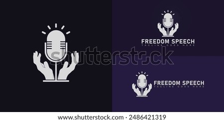 The microphone logo with a clenched fist is illustrated as a free speech logo in white color isolated on multiple background colors. The logo is suitable for speech freedom podcast logo vector design