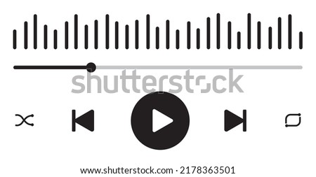 Music player interface with buttons, loading bar, Vector outline illustration.
