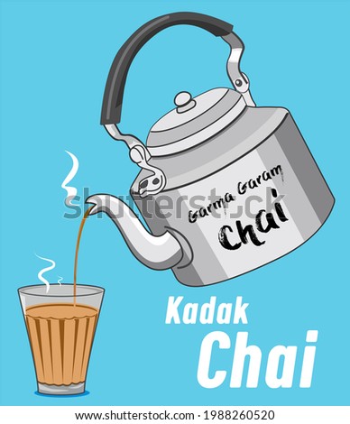 Garma Garam Kadak Chai (Indian Tea Glass) with Tea Pot pouring vector illustration of popular indian beverage