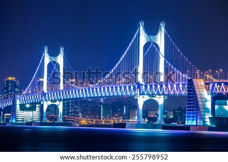 Gwangan Bridge lit up at night in Busan, South Korea