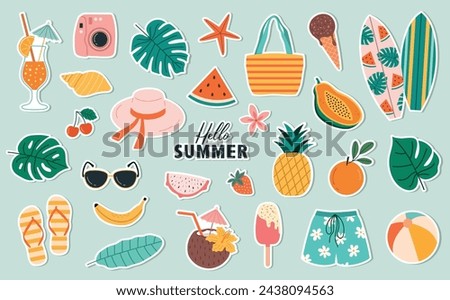 Set of summer beach stickers. Tropical elements