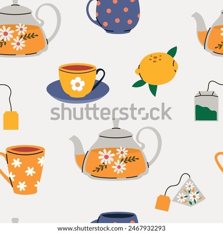 Tea pattern with lemon, cups, tea and tea bags