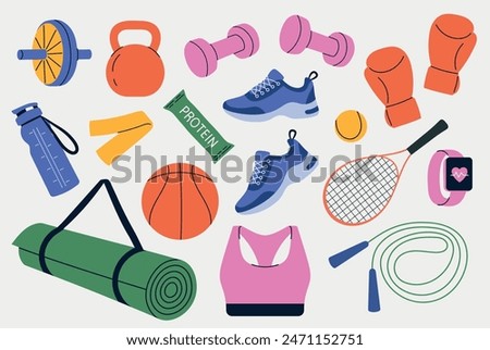 Vector illustration of fitness sports. Different sports equipment