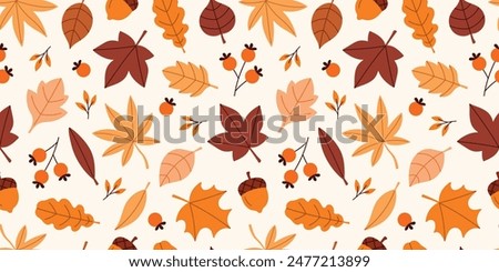 Seamless autumn pattern with leaves, acorns, berries