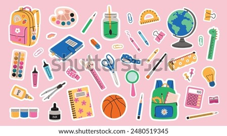 Set of school stationery stickers. Vector illustration, back to school