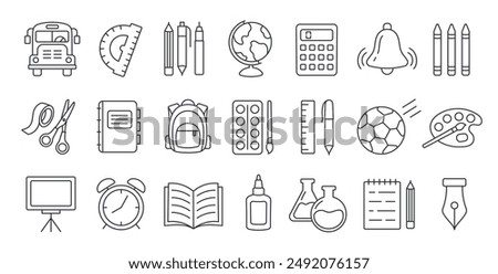 A set of school linear icons isolated on a white background. Editable line