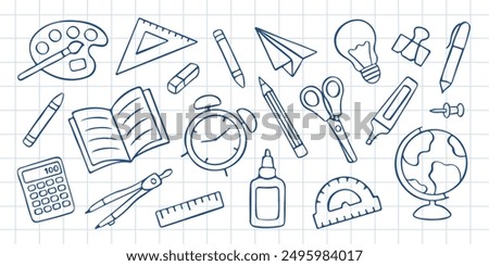 Hand-drawn set of school supplies. Doodle vector illustration