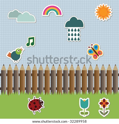 landscape background with pencil fence and set of nature stickers