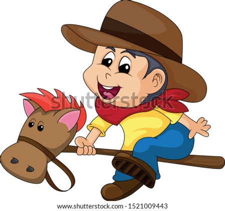 boy playing as a cowboy with a stick horse cartoon vector illustration
