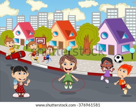 Children Playing At The Street Cartoon Vector Illustration - 376961581 ...