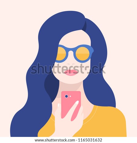 Portrait of a woman with a phone. Addiction on the smartphone and the Internet. Social networks. Vector Flat Illustration