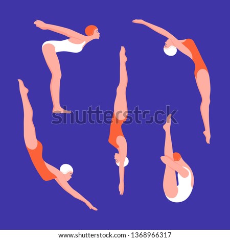 Set of women in swimwear in various poses. Jumping into the water and swimming in the pool. Water sports. Vector flat illustration