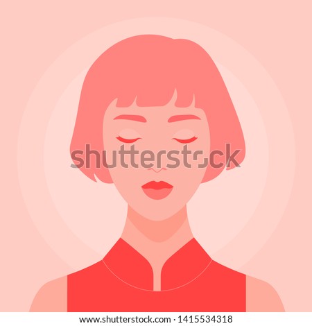 Portrait of an Asian girl with closed eyes. Meditation and relaxation. Harmony. Vector flat illustration