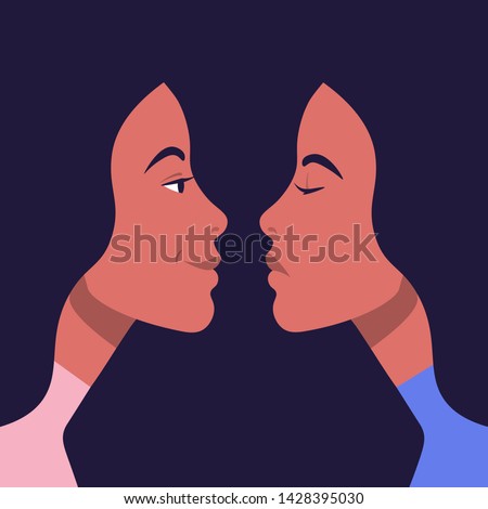 Bipolar disorder. Portrait of an Hispanic woman in profile in depression and in a good mood. Two female faces from the side. Vector illustration in flat style