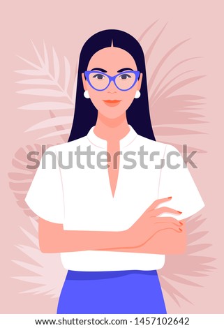 Portrait of a successful girl with arms crossed. Business woman smiling. Vector flat illustration