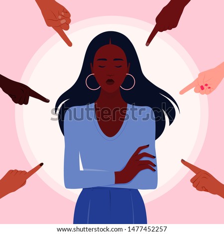 Shame. Hands of people of different nations point to the girl. Portrait of an African woman. Outsider opinion and the pressure of society.Vector flat illustration