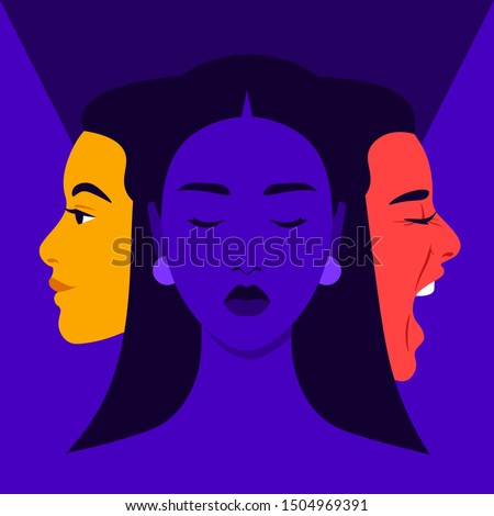 Mood swings. Bipolar disorder. Joy and aggression. Scream and smile. Female face in profile. Vector flat illustration