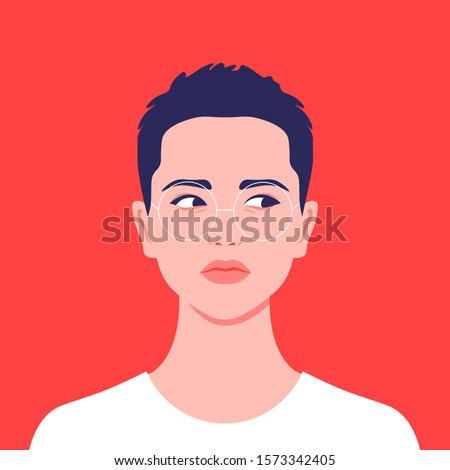 Portrait of a short-haired girl. Androgin looking with a sidelong glance. Diversity. Avatar for a social network. Student. Vector flat illustration