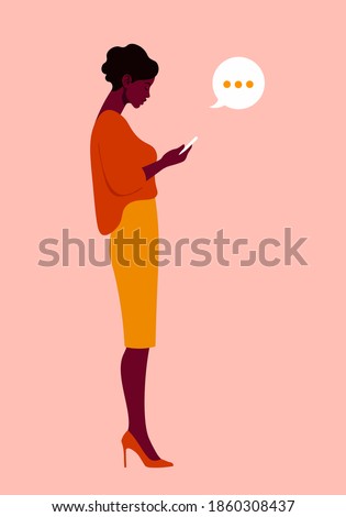 A woman is standing in profile and holding a smartphone. Figure of person in a full-length. Vector flat Illustration