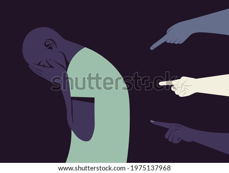 The shame. Hands of different people point to the crying African man. Bankrupt. The pressure of society. Vector flat illustration