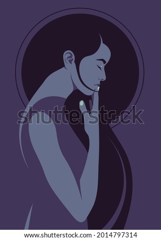 The profile of a thoughtful woman on the dark background. Loneliness and depression. Vector flat illustration