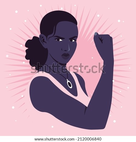 Portrait of an angry African woman in half-turn showing her arm and muscles. Women’s rights and diversity. Avatar for social media. Vector illustration in flat style.