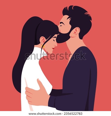 A man kissing a young woman. The happy couple. View in profile. Vector illustration in flat style