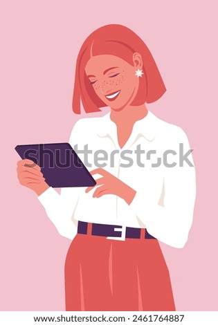 Happy business woman planning day with tablet. Person standing and sending messages. Smiling teacher using education app. Vector flat illustration