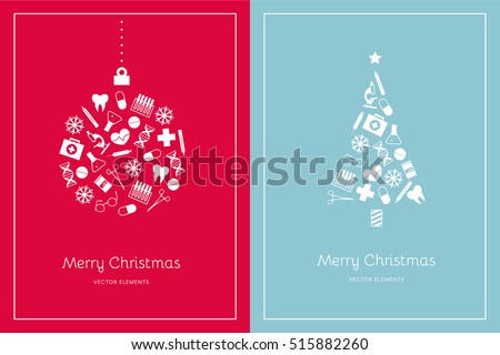 Two Christmas cards on a red and light blue background. White medical icons. Vector elements for New Year