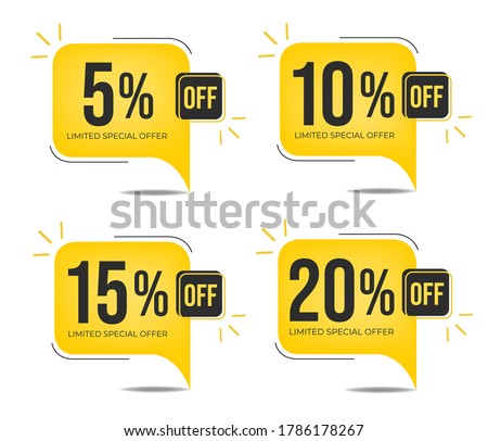 5% off, 10% off, 15%0ff and 20% off. Set of tag discounts. Banner with four yellow balloons with special offers vector.
