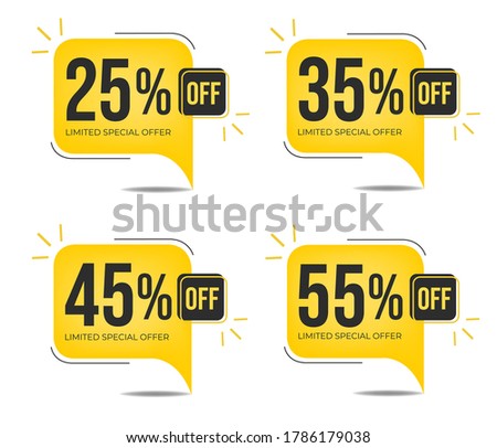 25% off, 35% off, 45%0ff and 55% off. Set of tag discounts. Banner with four yellow balloons with special offers vector.