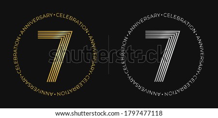 7th birthday. Seven years anniversary celebration banner in golden and silver colors. Circular logo with original number design in elegant lines.