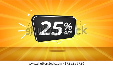 25% off. Yellow banner with twenty-five percent discount on a black balloon for mega big sales.