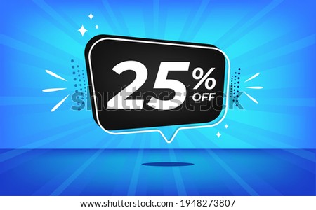 25% off. Blue banner with twenty-five percent discount on a black balloon for mega big sales.